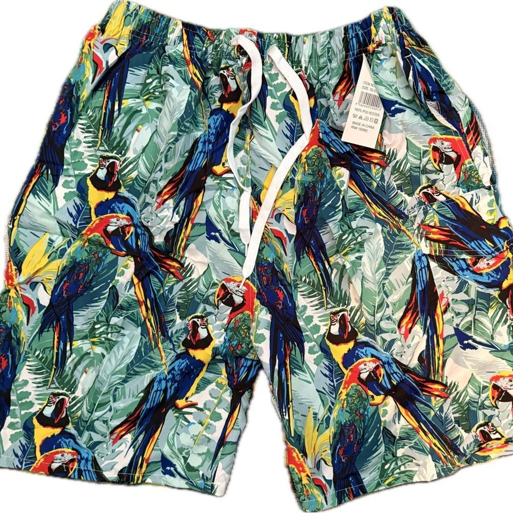 NWT Tropical Parrot Print Men's Swim Shorts